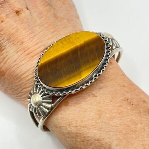 Vintage Sterling Silver Cuff Bracelet Tiger's Eye Southwestern Signed